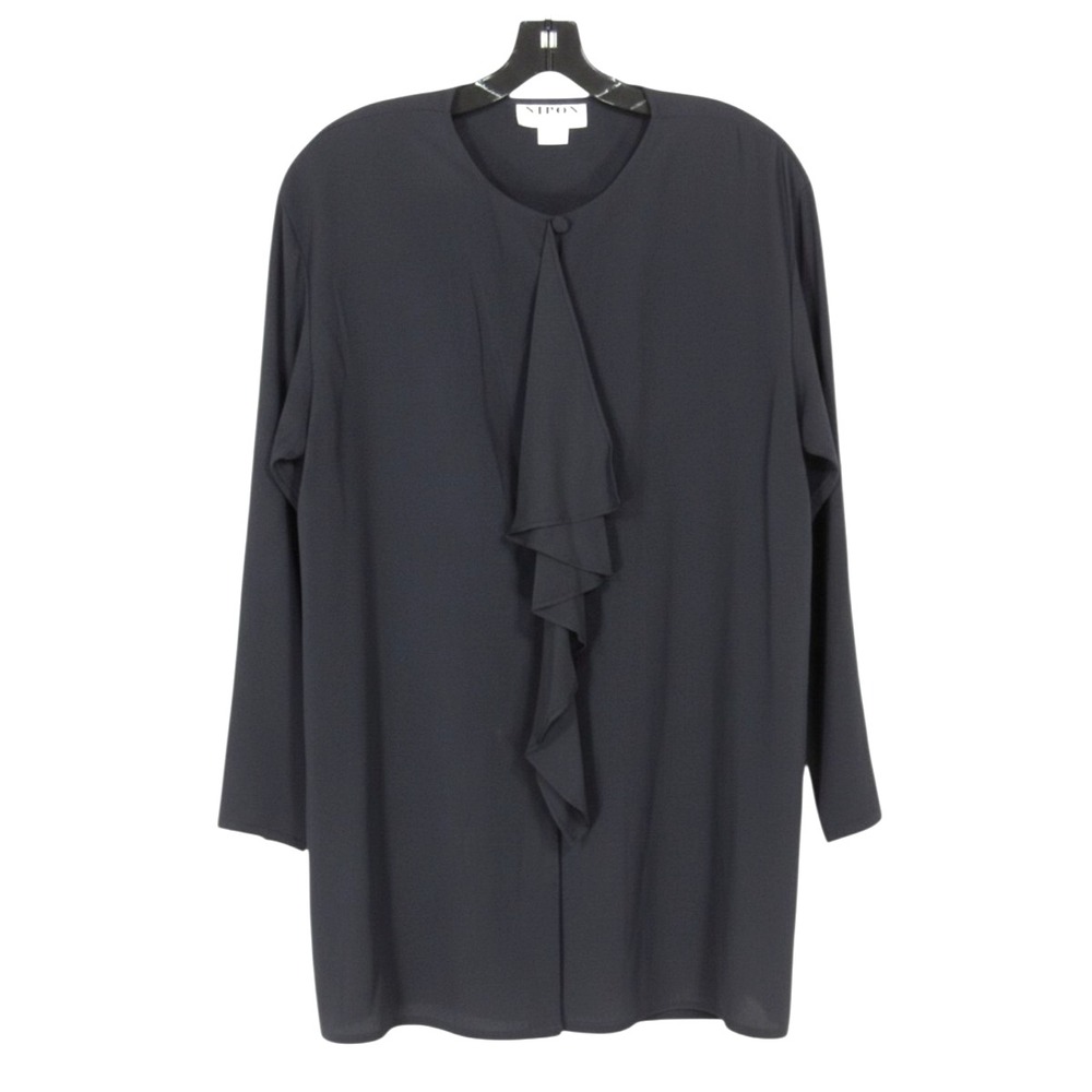 VTG NIPON 80's Black CREPE Button-Up RUFFLE FRONT DETAIL Blouse/Tunic Top Sz 14